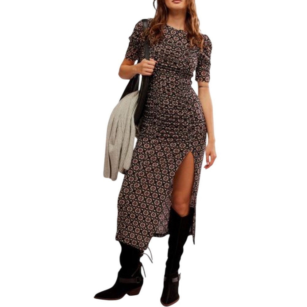 Free people Briella midi women's dress black floral stretchy bodycon sheer m - Picture 4 of 15